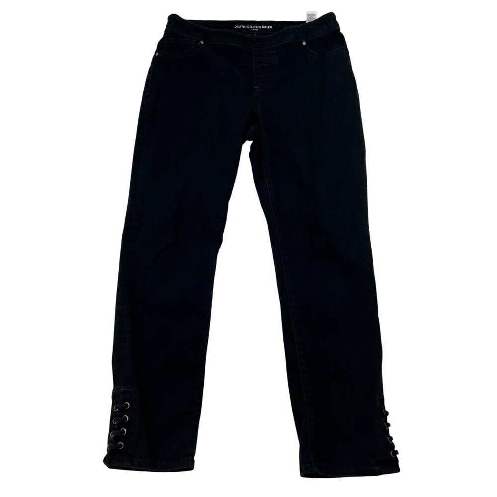 Chico’s Girlfriend Slim Leg Ankle Jeans Lace Up Cuff Black Size Small Pull On